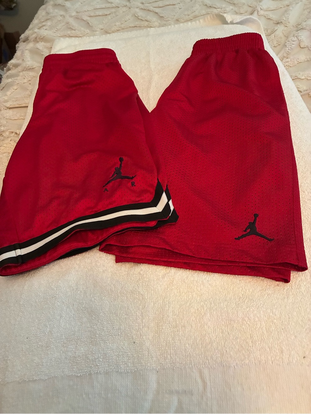 Pre-owned 2 pair Youth Jordan Red Mesh Basketball Shorts with Black Jumpman